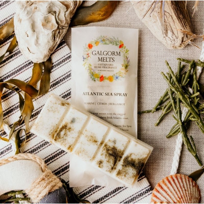 Galgorm Melts Atlantic Sea Spray soy wax melt packaging with sea-themed decorative elements on a textured surface.