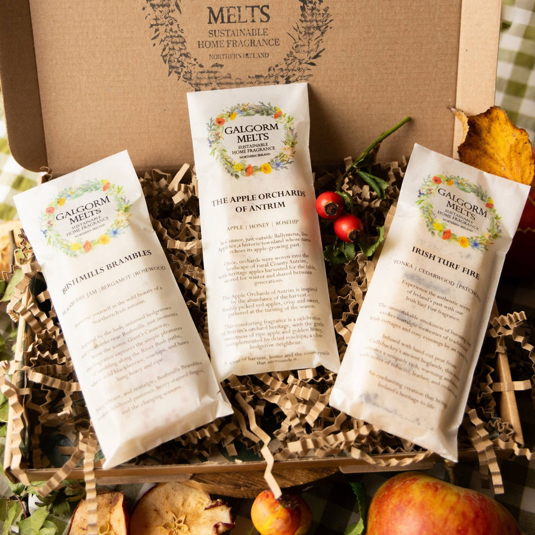 Three Galmorm Melts fragrance packets arranged in a kraft gift box with shredded paper filler, surrounded by autumn props including apples, a leaf, and small red berries. The box lid reads &