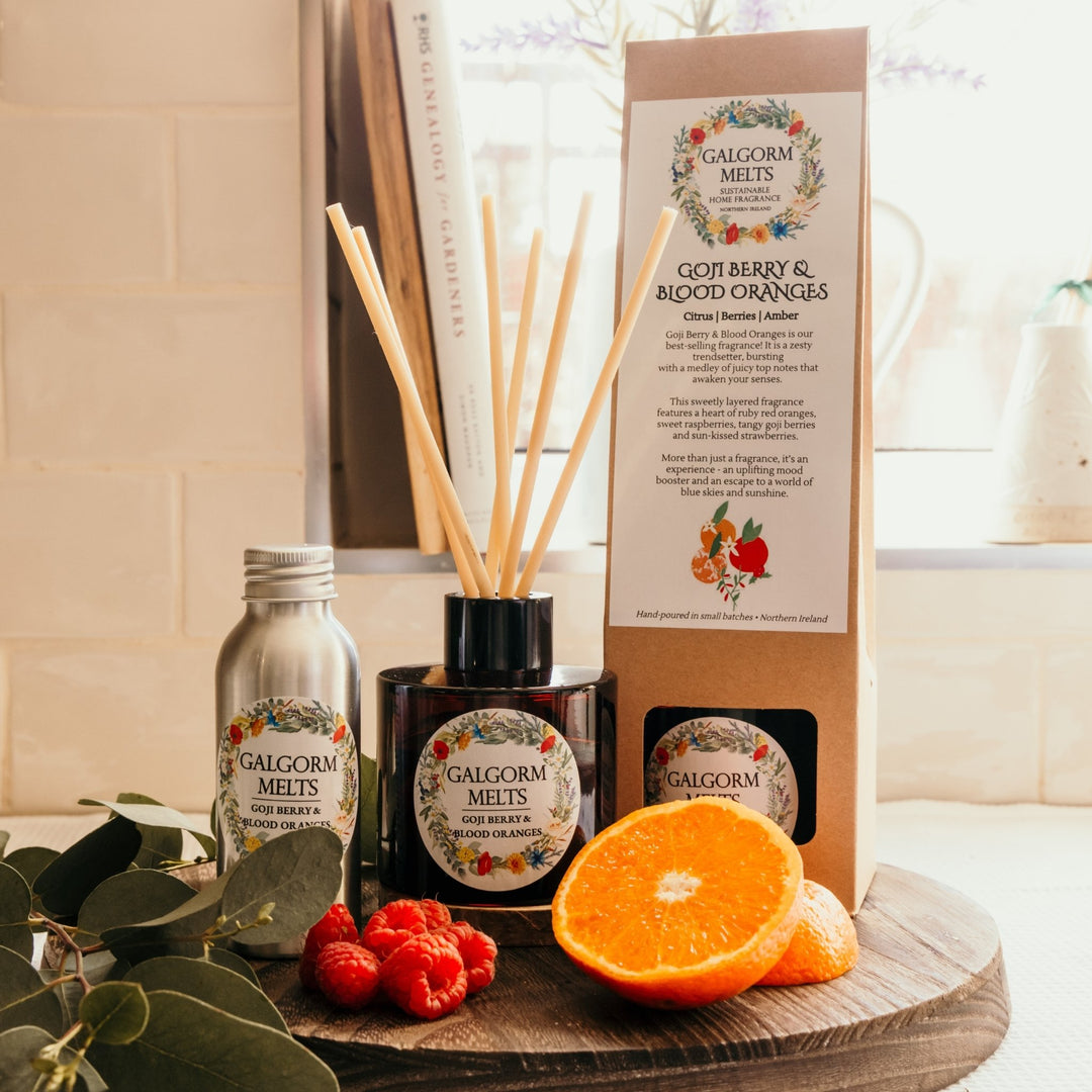 Our best-selling GOJI BERY AND BLOOD ORANGES REED DIFFUSER fragrance is a zesty trendsetter, bursting with a medley of juicy notes designed to awaken your senses. 