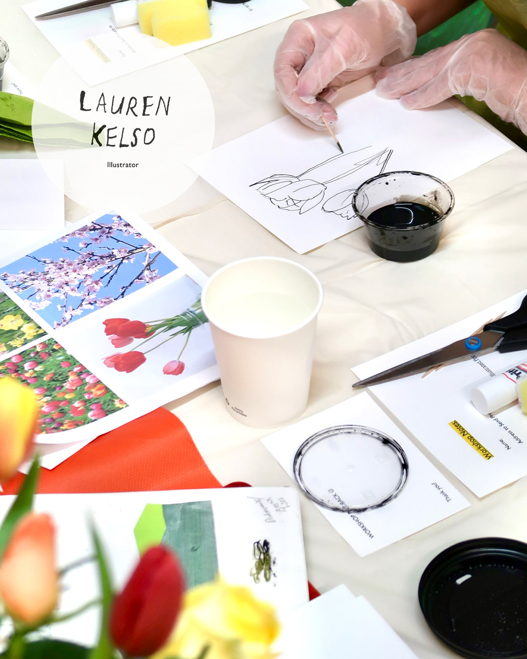 Collage of a person working on art with flowers and stationery items.