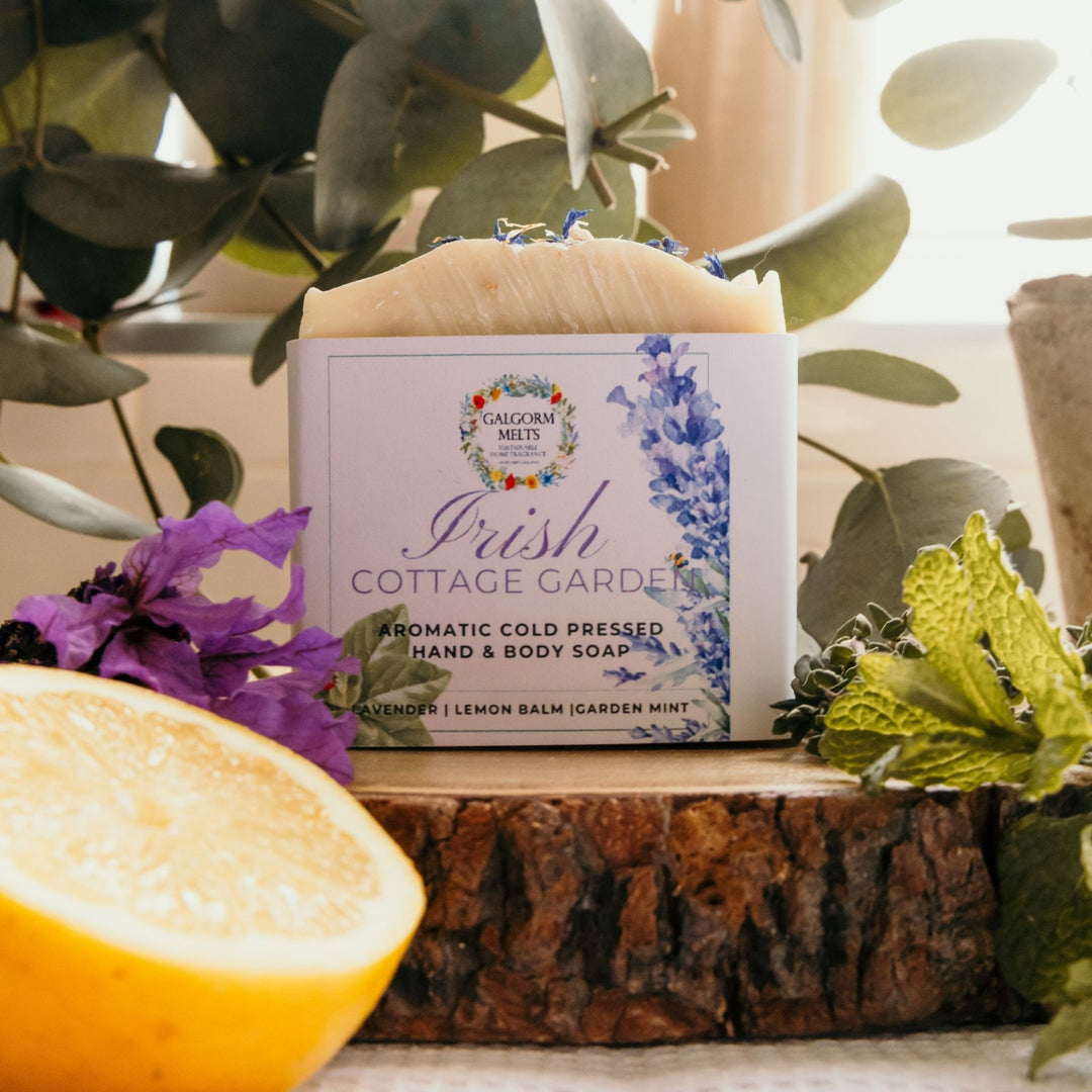 Our Irish Cottage Garden cold pressed hand and body soap, is lightly scented and infused with Brazilian Purple Clay which is a nutrient-rich and ideal for sensitive and dry skin.