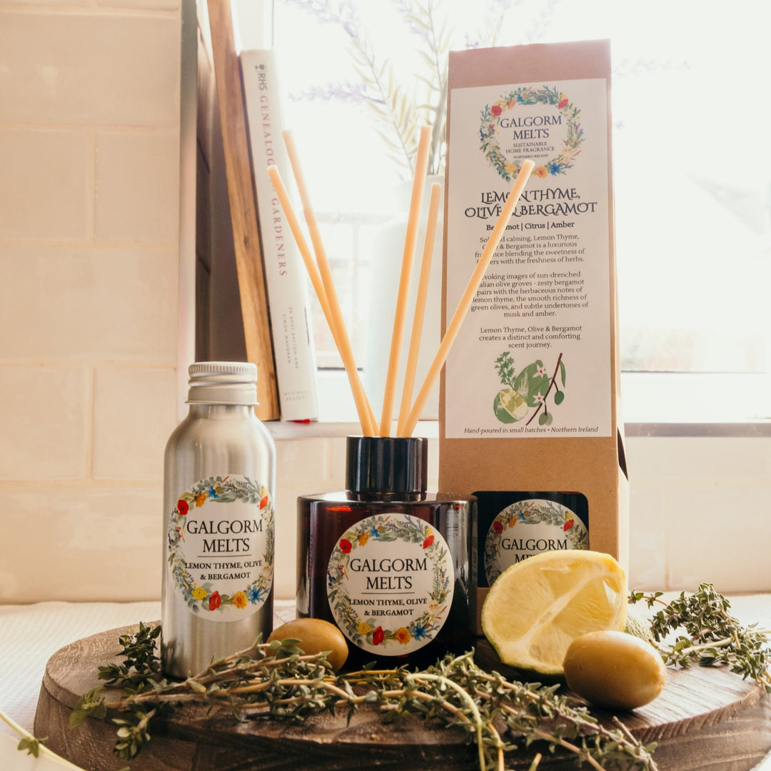 Bergamot | Citrus | Amber

Soft and calming, our Lemon Thyme, Olive &amp; Bergamot Reed Diffuser is a luxurious blend of floral sweetness and herbaceous freshness.